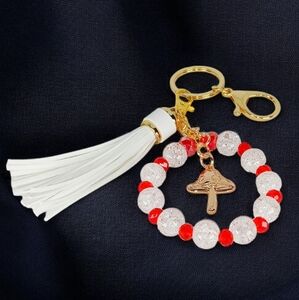 Red & White Beaded Bag Charm White Tassel Gold Mushroom Charm Y2K Key Charm 00s